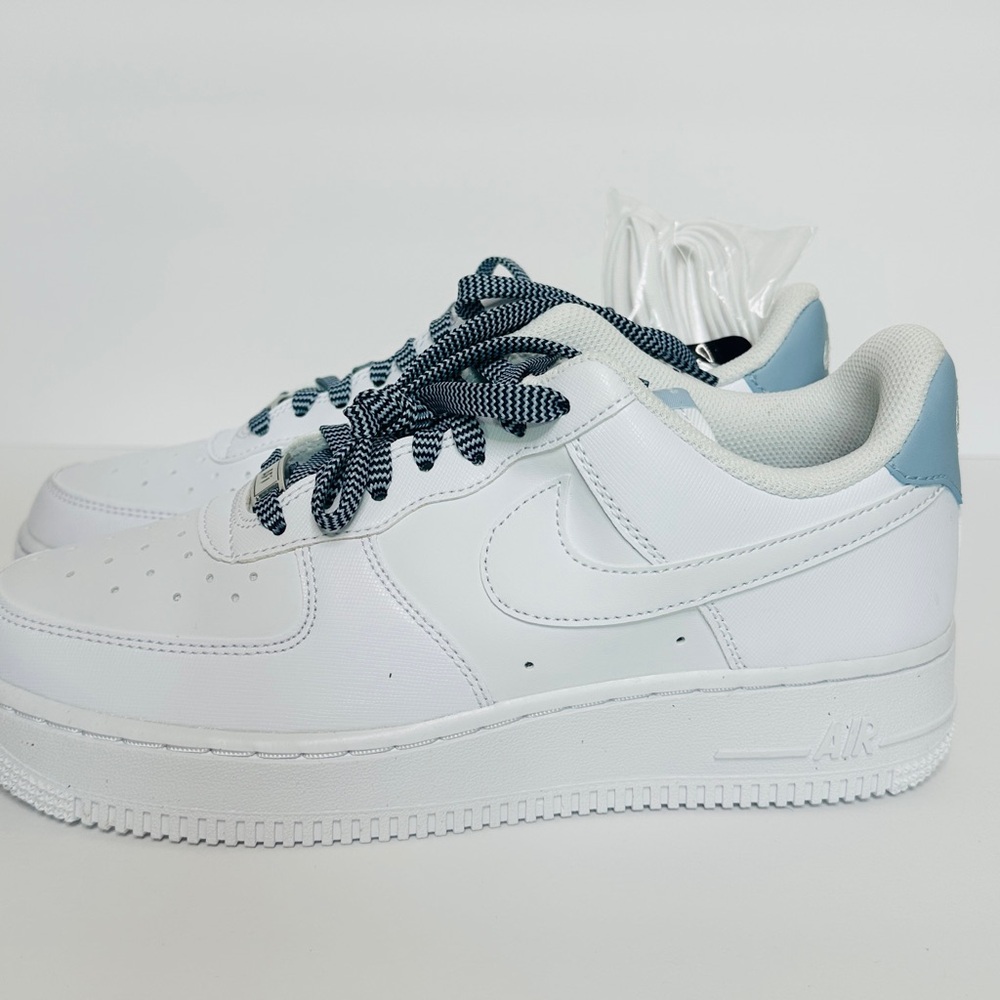 Nike Air Force 1 '07 White / White - Light Armory Blue Caro Laces Women's Size 8